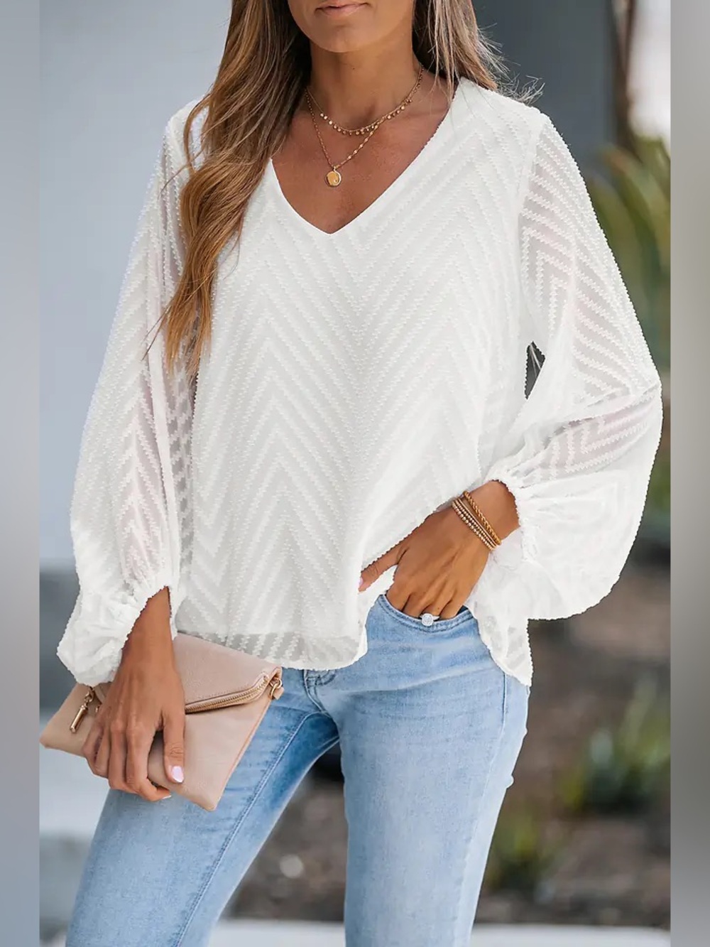 Cupshe White Chevron V-Neck Balloon Sleeve Blouse